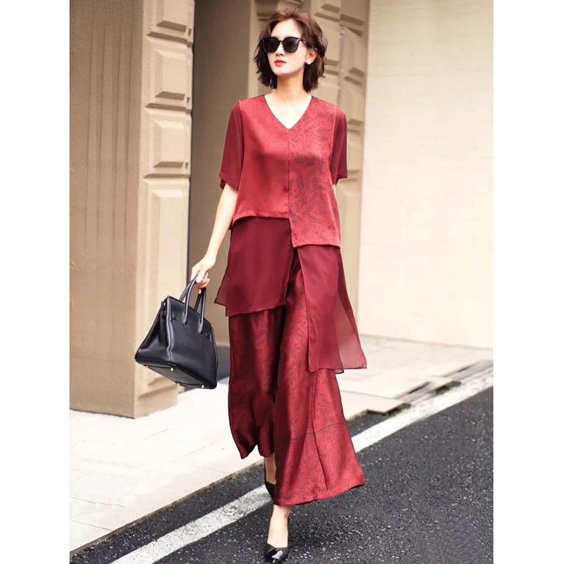 妈妈装新中式国风红色套装夏新款不规则提花上衣宽松阔腿裤两件套