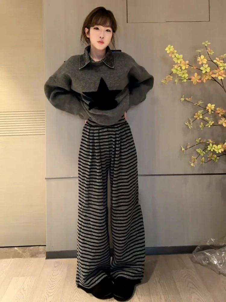 韩系慵懒风复古宽松条纹阔腿裤女秋冬季新款松紧腰垂感直筒休闲裤
