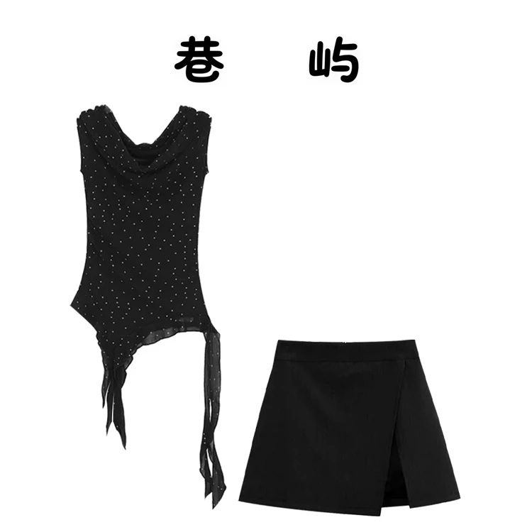 设计感不规则辣妹一字肩飘带波点上衣女夏季高腰显瘦半身裙套装