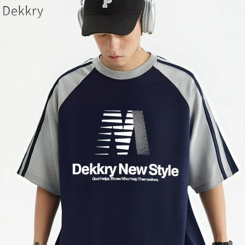 Dekkry美式个性字母印花三条杠短袖t恤男女夏季宽松纯棉插肩上衣
