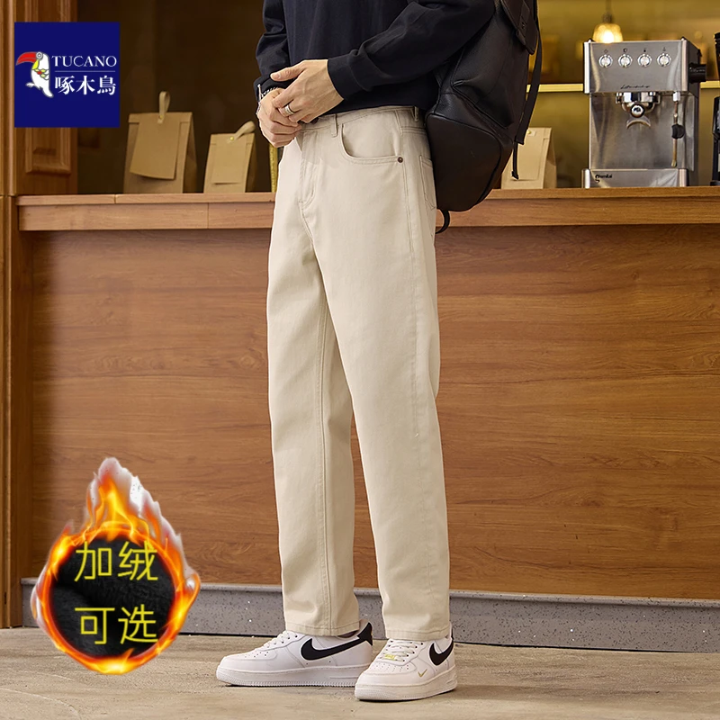 啄木鸟2025秋冬新款男士休闲裤简约商务直筒宽松纯棉加绒休闲长裤