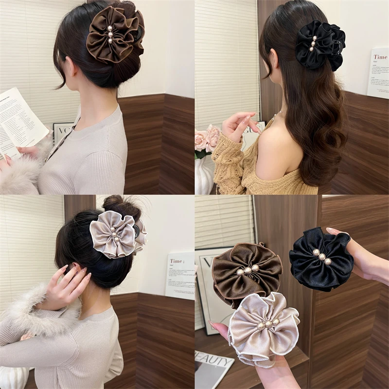 珠珠花朵褶皱中号抓夹女2025新款高级感半扎发夹头饰后脑勺盘发夹