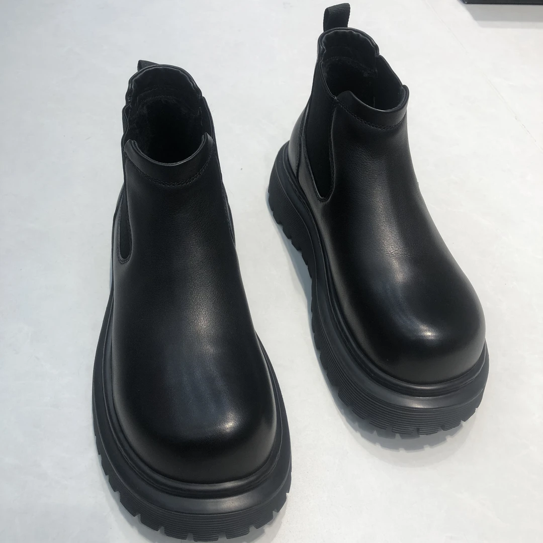 中筒圆头黑色头层牛皮加绒切尔西靴厚底鞋超轻大底时尚百搭男鞋