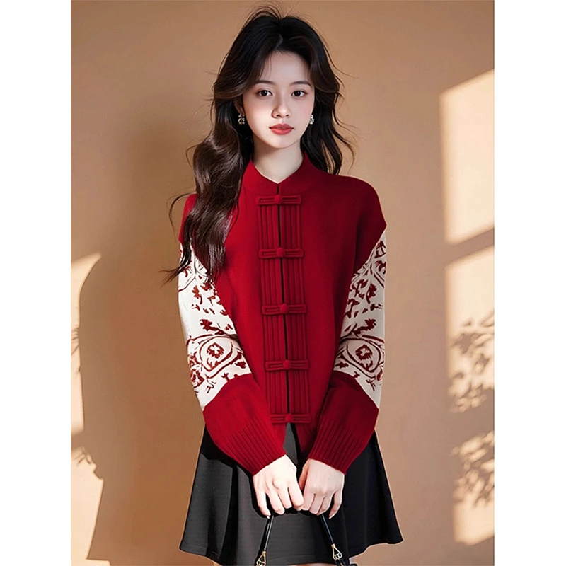新中式国风红色针织毛衣女装新款新年高级感宽松显瘦时尚减龄上衣