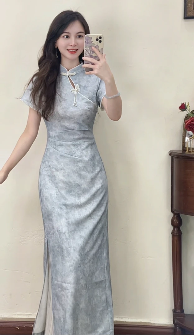 予溪自制【苍蓝】新中式国风日常竹子提花气质显瘦前开叉改良旗袍裙