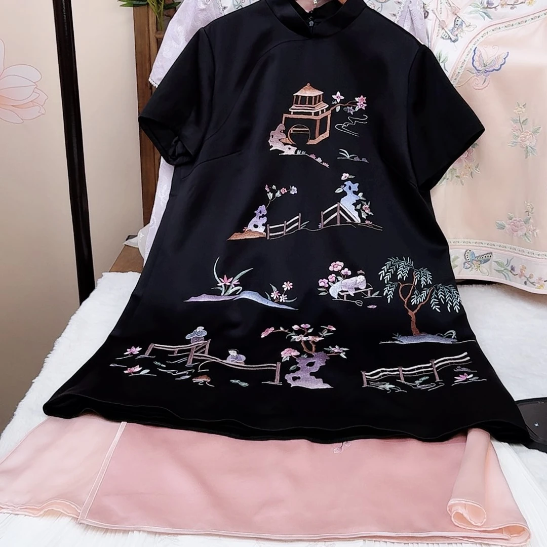 织绣真丝黑色重工苏绣