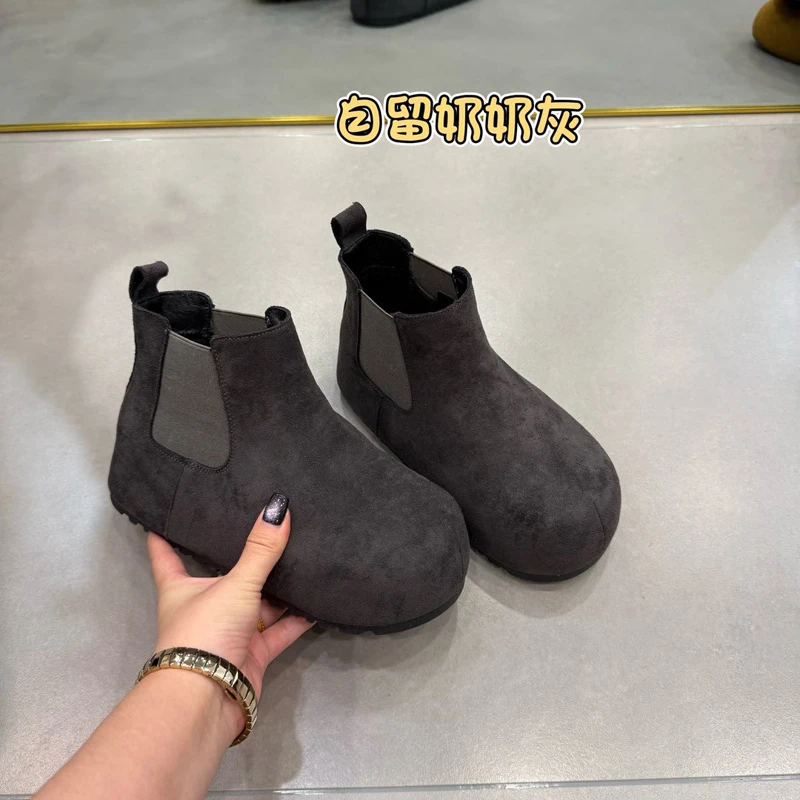 冬季新款时尚内增高卡皮巴拉加绒女短百搭丑萌圆头切尔西靴及裸靴