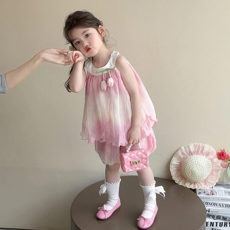 女童夏季无袖渐变套装2025新款洋气儿童夏装背心两件套女宝宝衣服