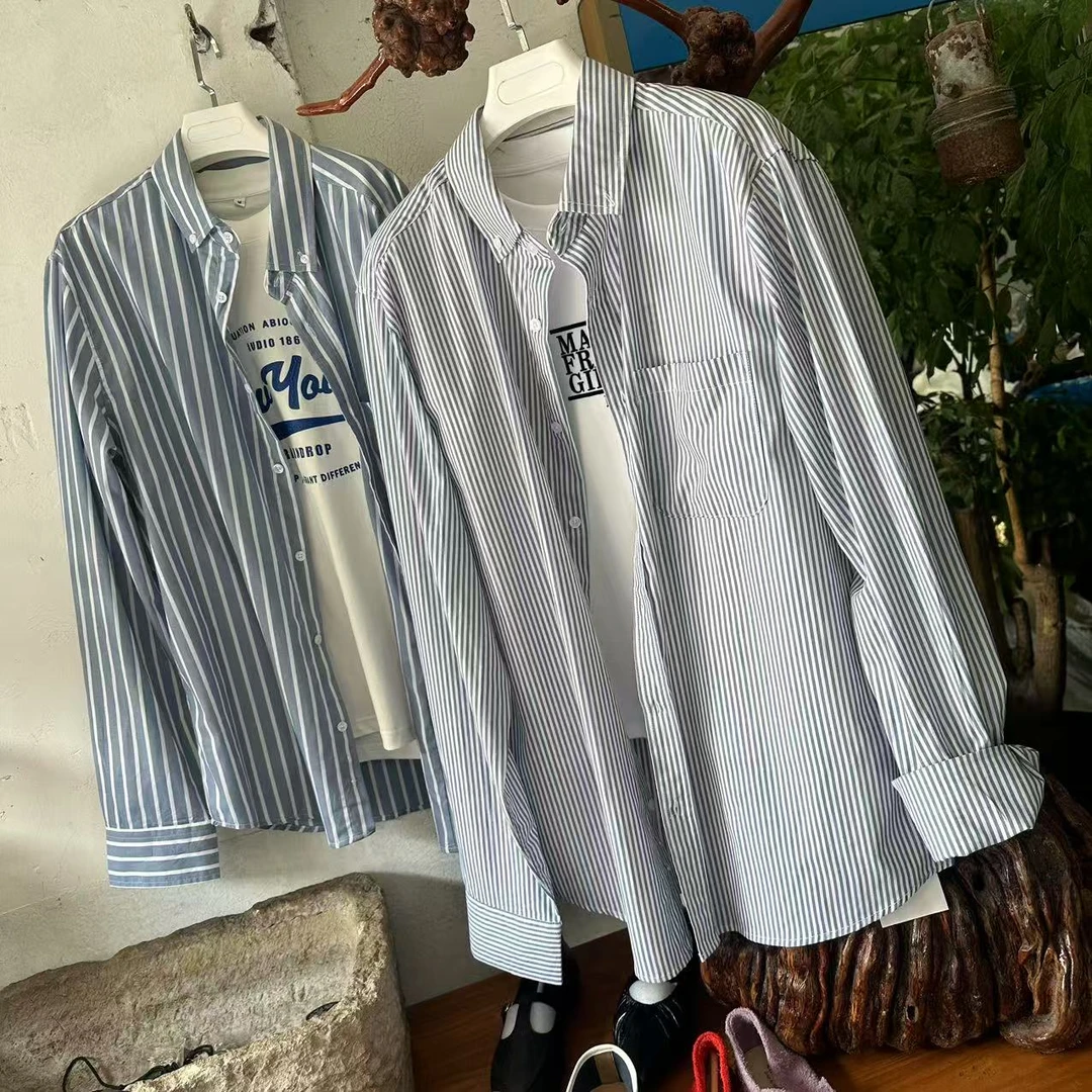 条纹衬衫夏季防晒衣港风日系落肩袖衬衫情侣痞帅小清新设计感