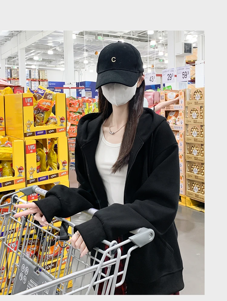 卫衣外套女黑色2025新款爆款加绒加厚冬季开衫秋季拉链连帽上衣