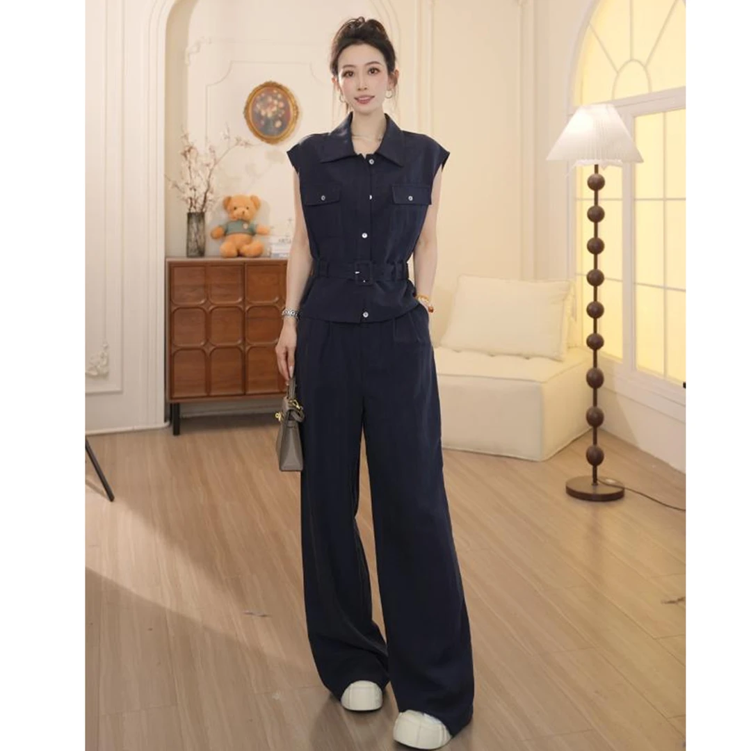 新款2025夏季透气轻奢设计师新无袖衬衫长裤两件套女休闲套装