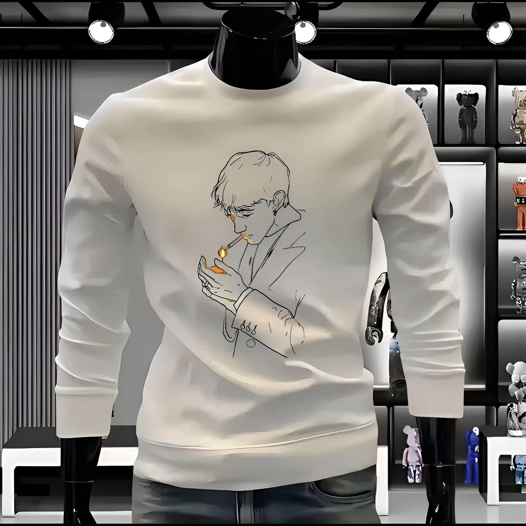 2025年冬季新款痞帅人物印花加绒卫衣男士修身圆领长袖百搭打底衫