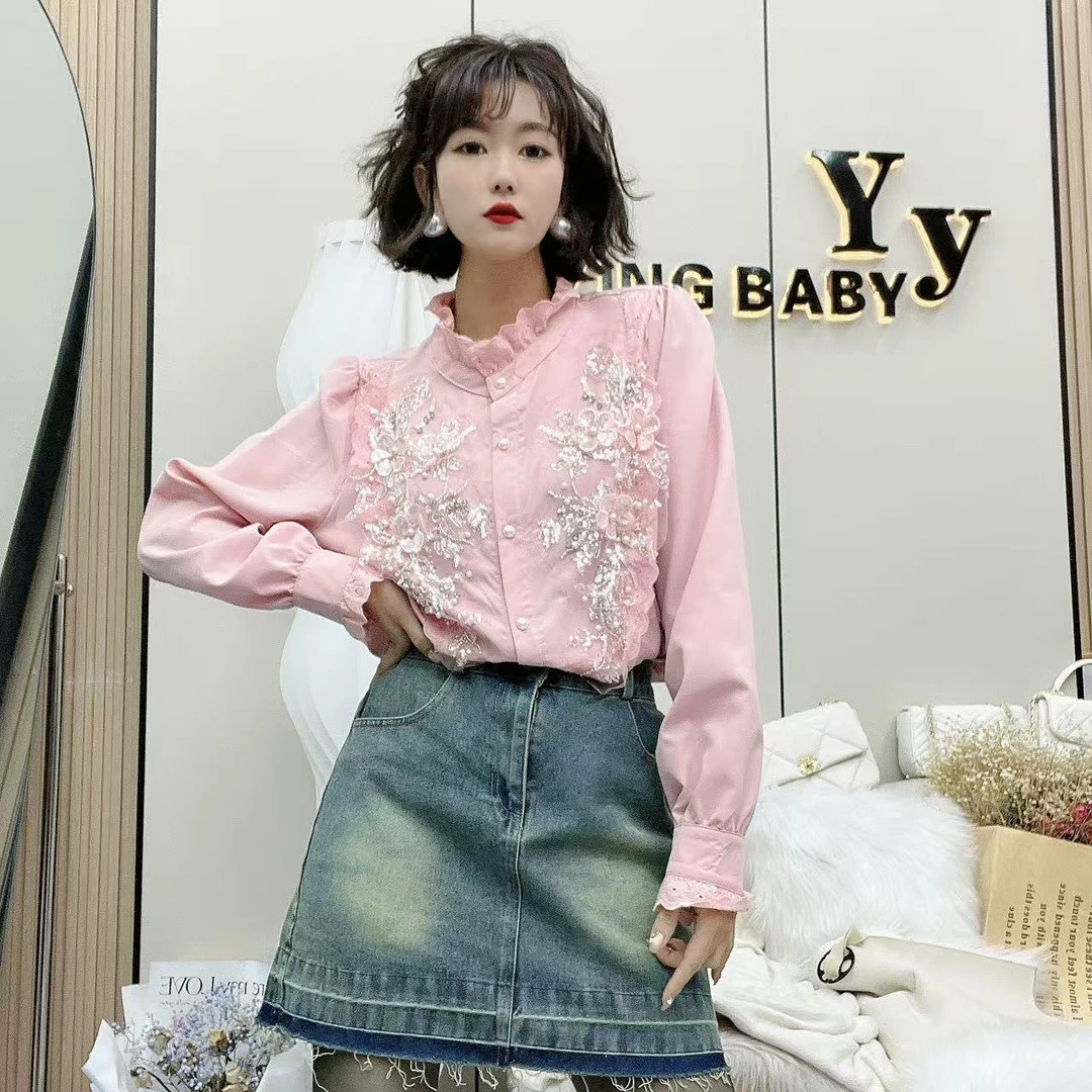 YY大码(幽幽花香)时尚气质重工高级显瘦遮肚衬衫