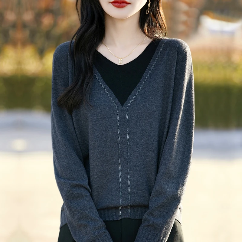 哥弟阿玛施正品新款假两件V领长袖针织衫女士显瘦百搭气质上衣服