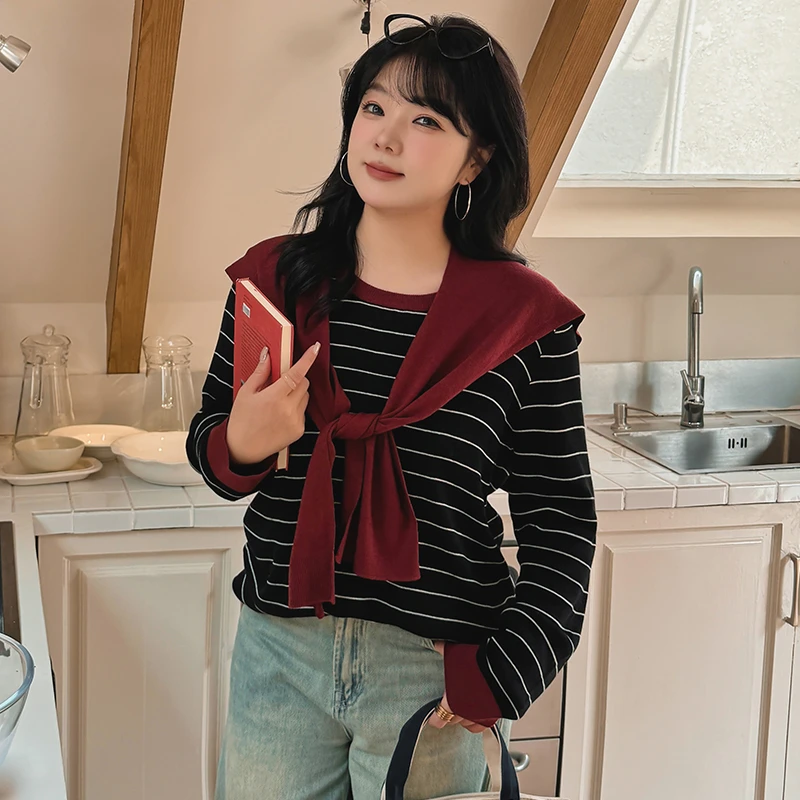 【乃粒】大码女装圆领撞色条纹针织套装胖mm2025学院风长袖22821