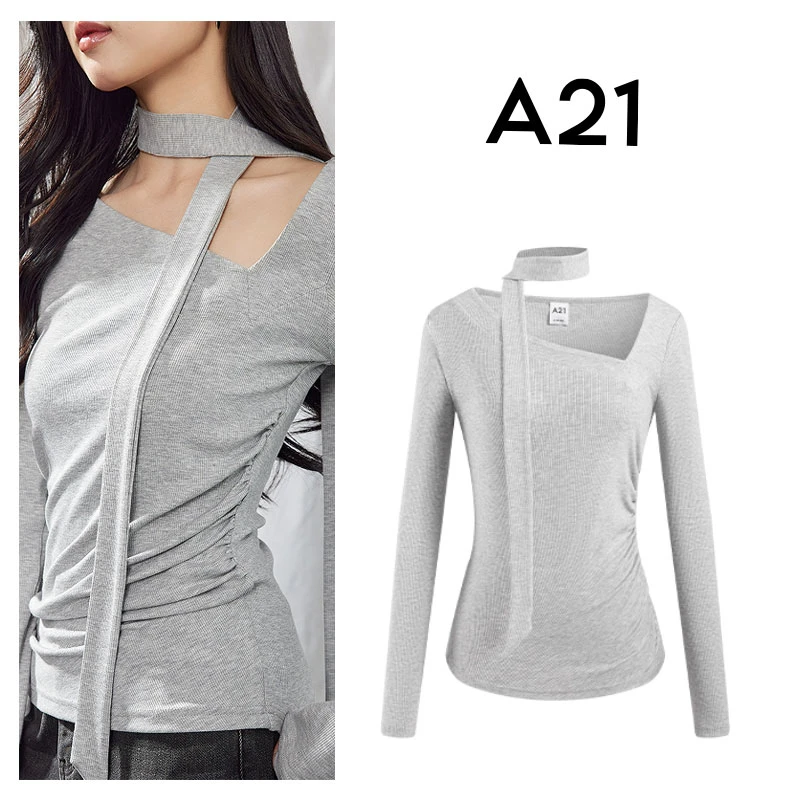 A21女装针织修身V领落肩长袖T恤F451231030