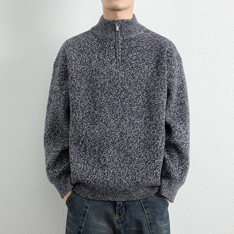 【新款】2025秋冬季时尚半高拉链领毛衣男士宽松套头针织衫WE25623
