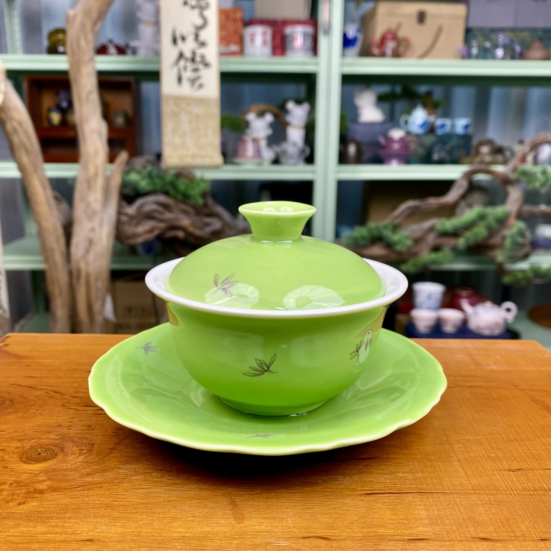 赢鱼艾绿兰花盖碗