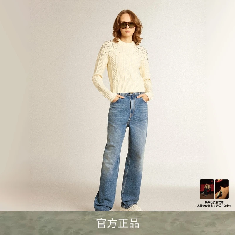 【礼物】【明星同款】Golden Goose 女装 水洗宽腿蓝色牛仔裤时尚直筒