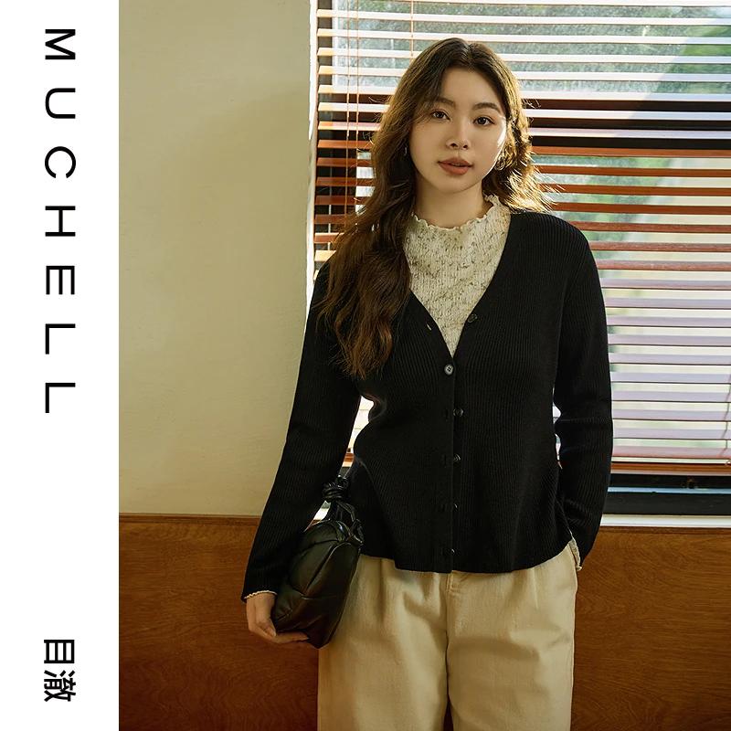 目澈MUCHELL春季新款【晚风】V领纯色收腰大码针织开衫MDS1UD3062