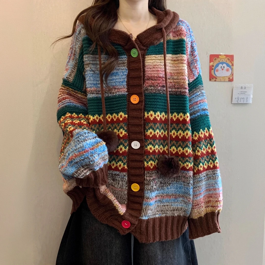 韩系彩色条纹连帽毛衣女2025秋冬新款慵懒风高级感百搭针织衫上衣