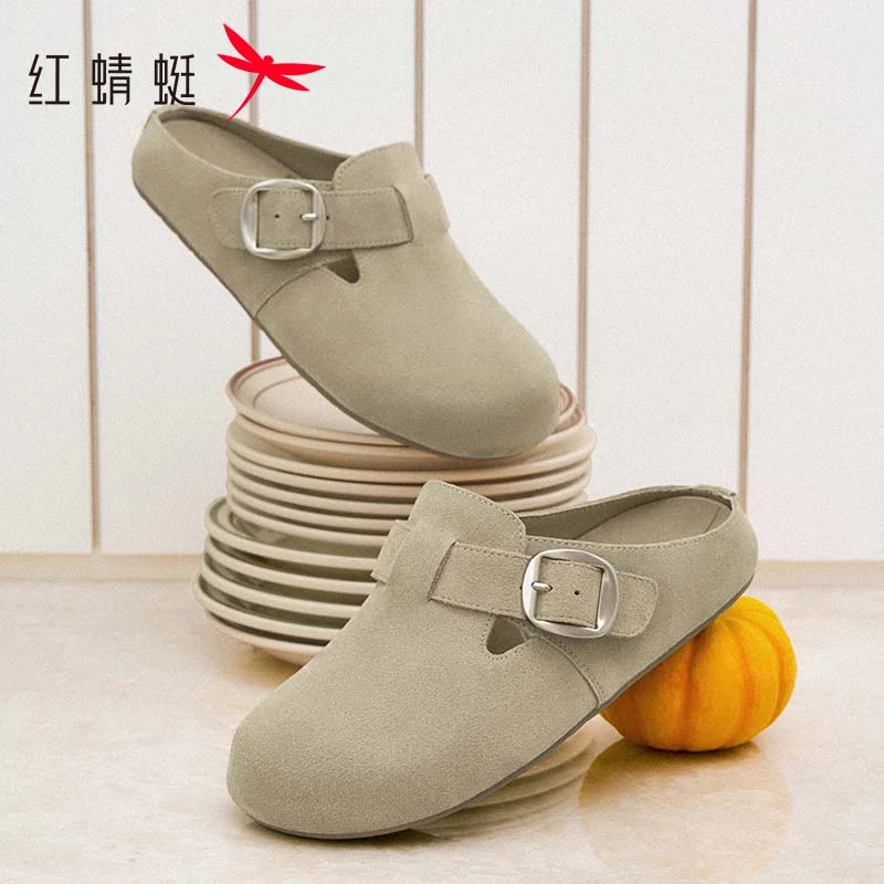 红蜻蜓勃肯鞋女包头半拖2025春新款一脚蹬女鞋外穿吐司穆勒拖鞋子