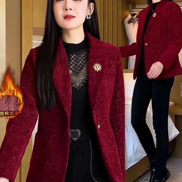 冬款亮闪闪韩版洋气加棉加厚西装女春秋新款红色修身显瘦毛呢外套