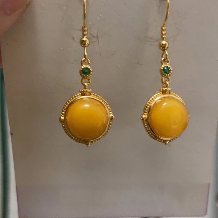 蜜蜡耳饰银S925镶嵌老蜜蜡10