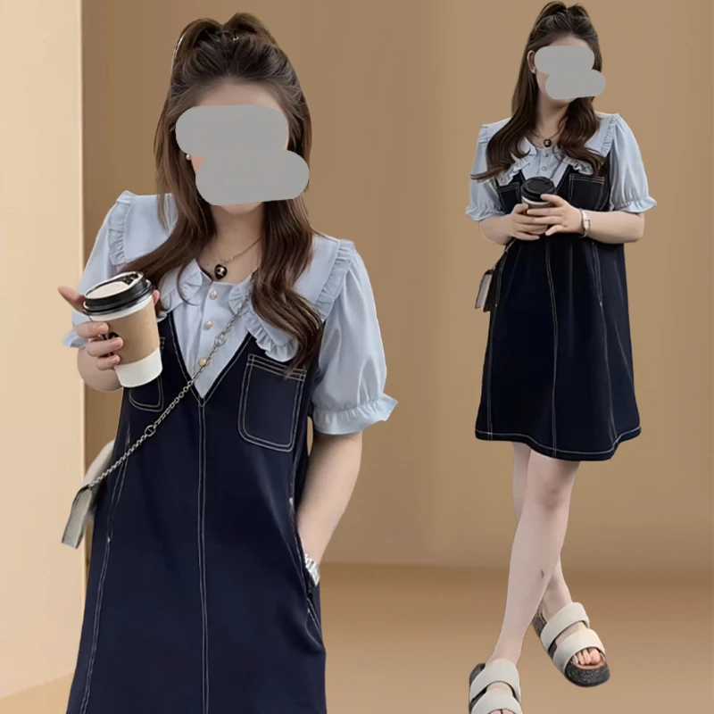 夏季新款连衣裙女显瘦大码娃娃领设计感假两件显瘦拼接连衣裙女