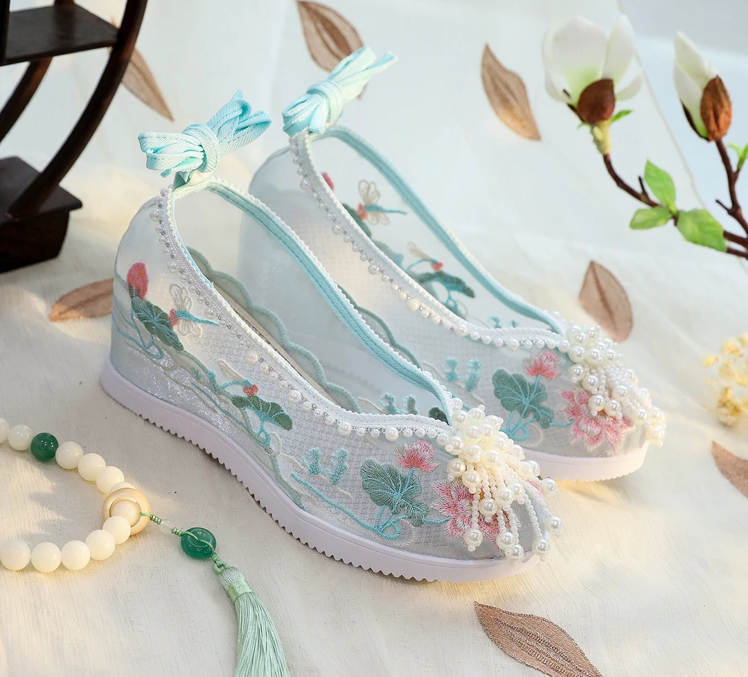 （碧荷网鞋）新款汉服鞋内增高绣花鞋古风女学生网鞋古装鞋舞蹈鞋