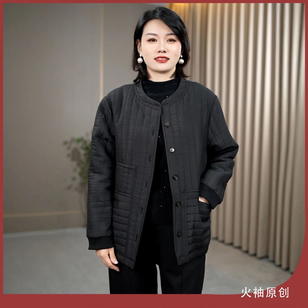 火袖G2202中老年女装黑色单排扣外套秋冬新款宽松长袖单排扣外搭