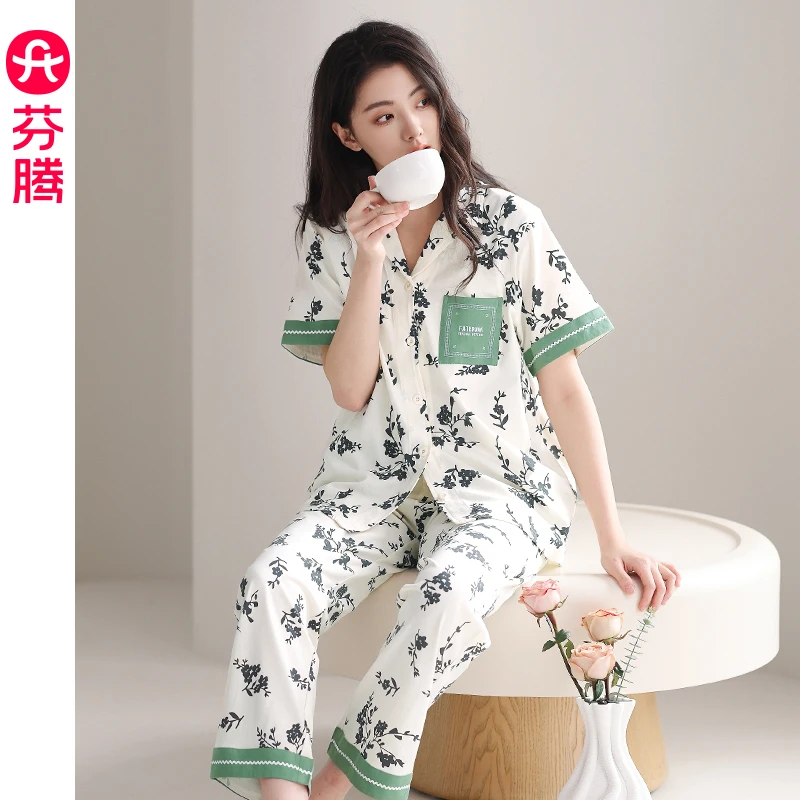 芬腾新款睡衣女夏季纯棉薄款短袖开衫休闲大码舒适全棉家居服套装