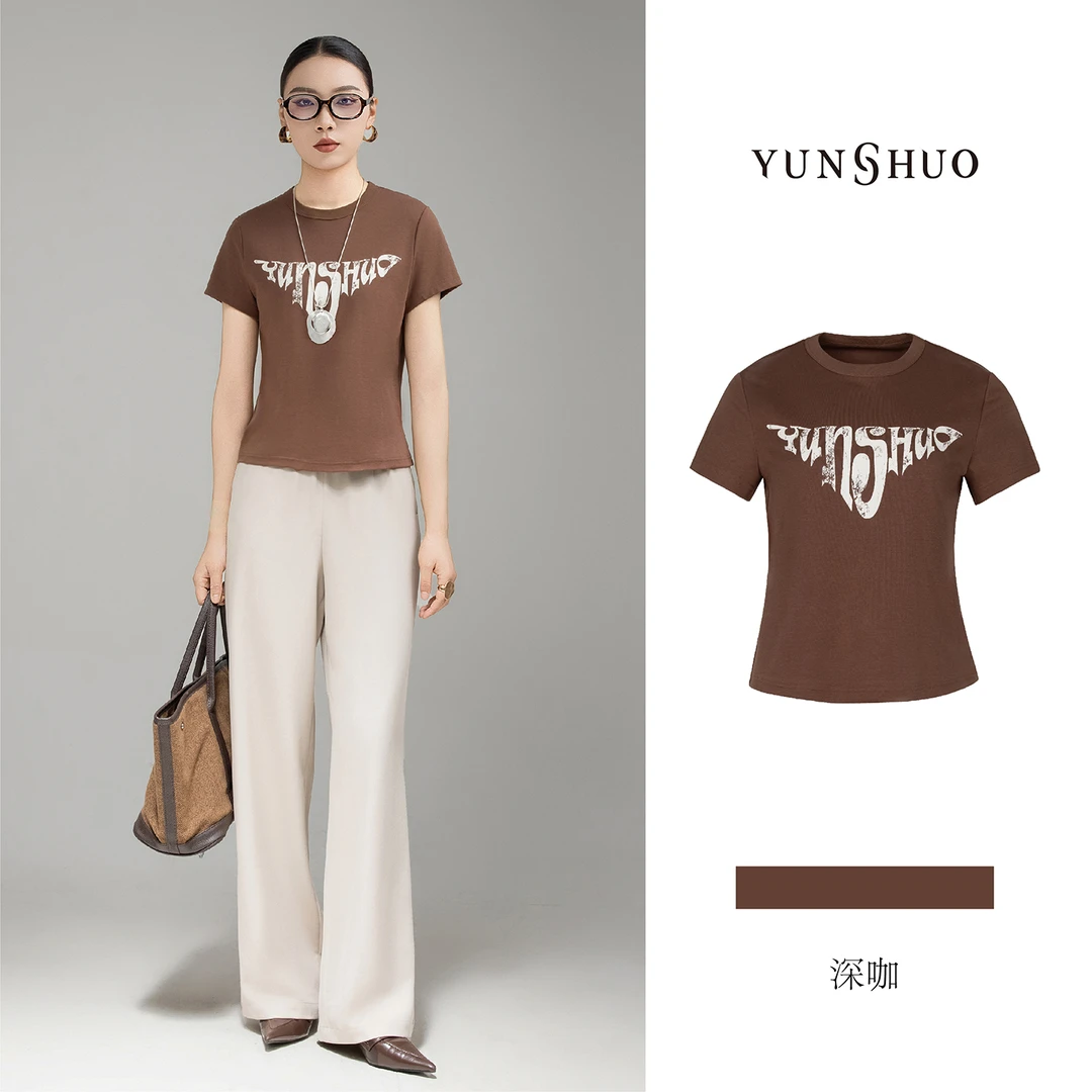 允硕新品琥珀运动风百搭休闲圆领字母女装简约短袖T恤上衣325364