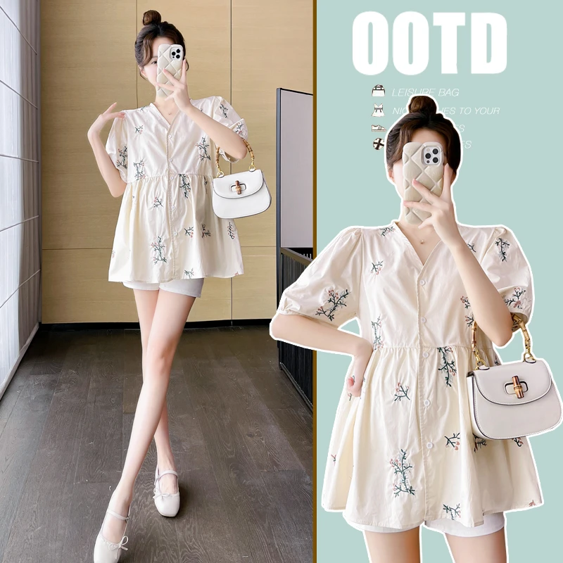 2025新款孕妇韩版V领刺绣娃娃衫上衣+托腹短裤两件套显瘦网红洋气