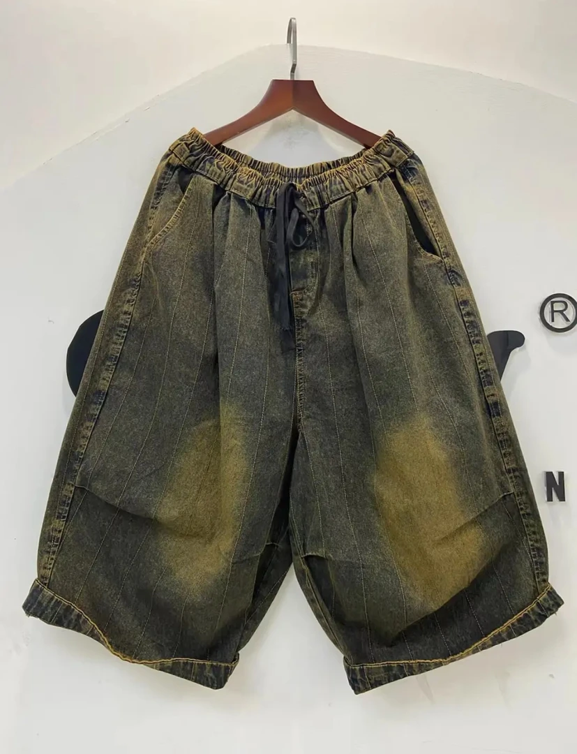 2025夏季薄款复古炒色宽松休闲牛仔棉六七分裤(裤长74)