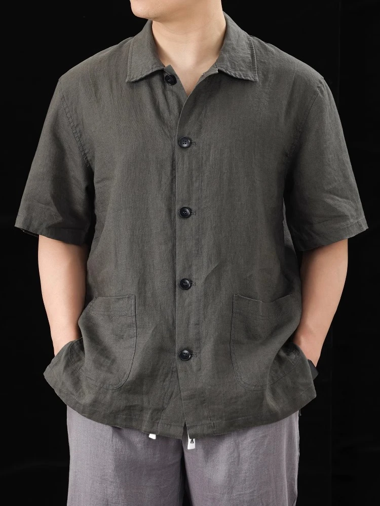 昆加希毕纯亚麻纽扣翻领衬衫男短袖夏季轻薄透气中国风灰色上衣