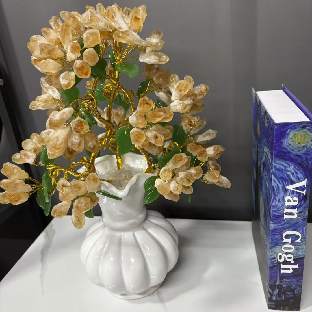 {招财聚宝}天然黄水晶迎客松办公室茶桌办公桌玄关送礼创意摆件