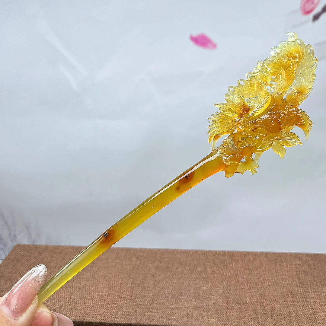 岫玉高品质花玉凤凰发簪 整体长度21.5cm 入发长度13cm