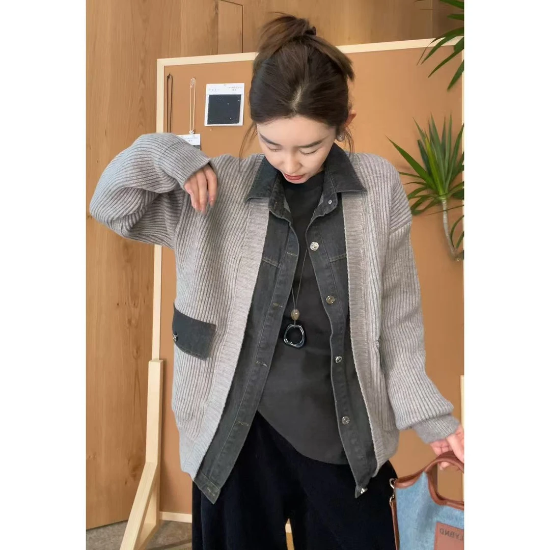 玖了个玖 2025秋季新品极简百搭牛仔衬衫针织假两件上衣2509C5843