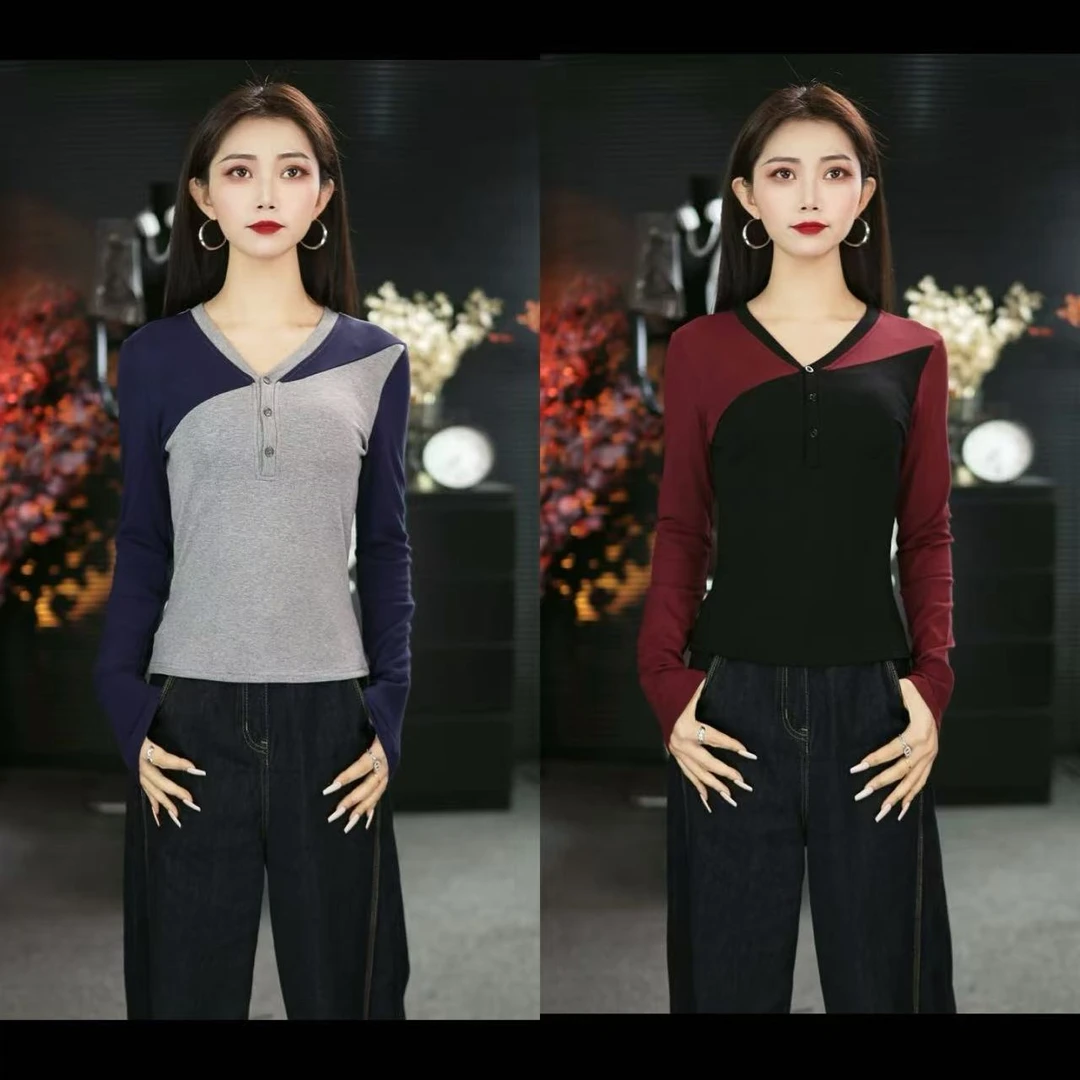 叶子2025新款磨毛加绒拼接V领打底衫女修身内搭长袖T恤爆款上衣