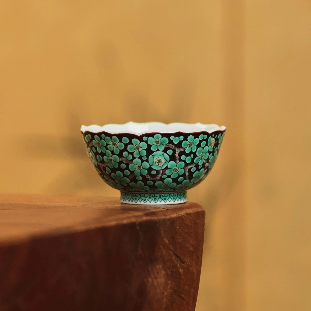 古阅和风·古彩黑地绿梅花口杯景德镇陶瓷高端手工手绘茶具茶器
