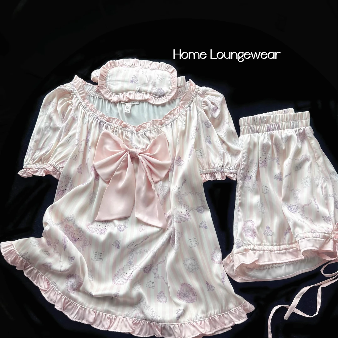 夏季圆领短袖短裤睡衣家居服套装薄款蕾丝新复古风