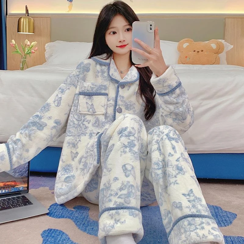 珊瑚绒睡衣女款秋冬季加厚高级感可外穿冬天法兰绒长袖家居服套装