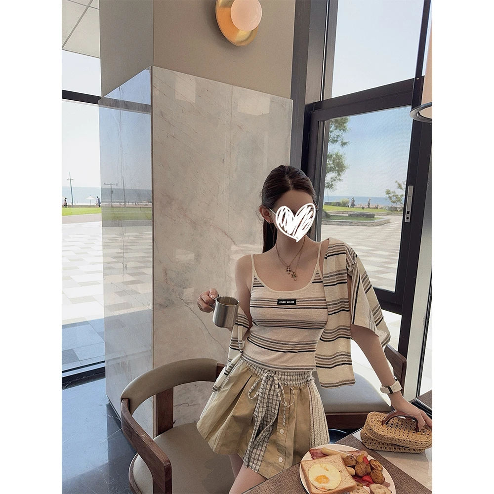 条纹针织开衫套装女夏季薄款小众慵懒吊带防晒衫两件套22116#