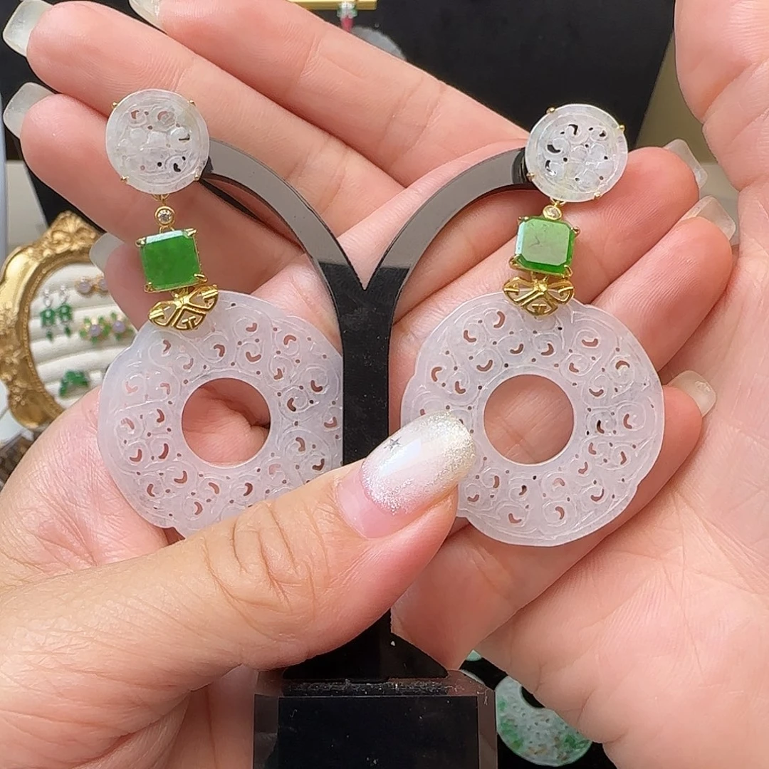 甜***粉翡翠银S925镶嵌耳饰耳钉款