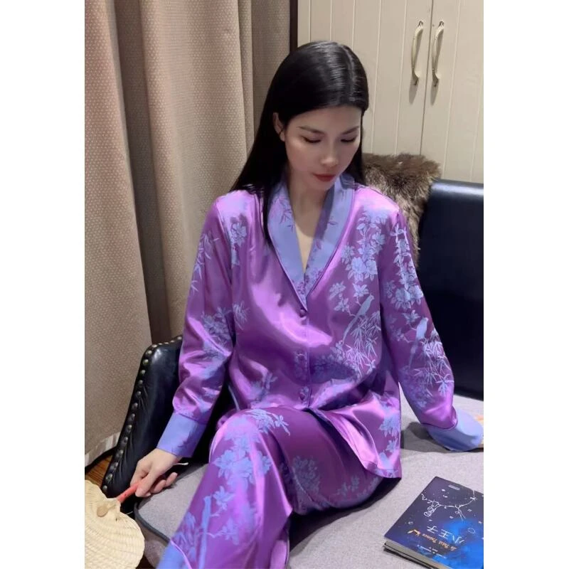 W004【林深紫韵】春女士精品睡衣家居服中式套装显瘦中国风中式绸套