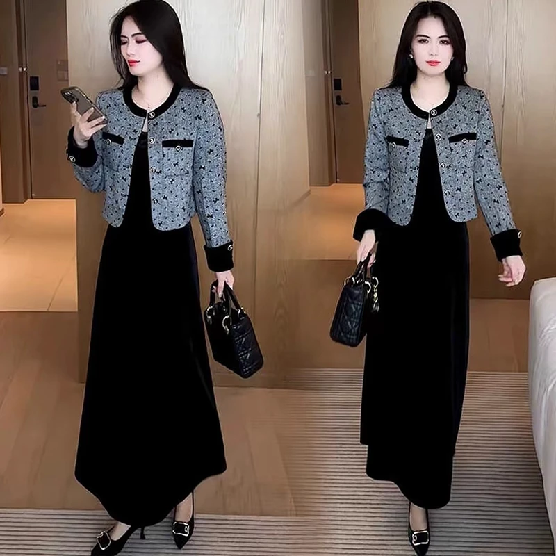 法式小香风波点外套长裙套装女2025早春新款韩系减龄背心裙两件套