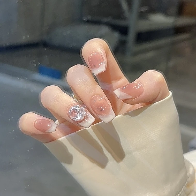 【粉黛玫瑰】野世穿戴甲 斜边法式 珍珠拼钻 高级猫眼美甲