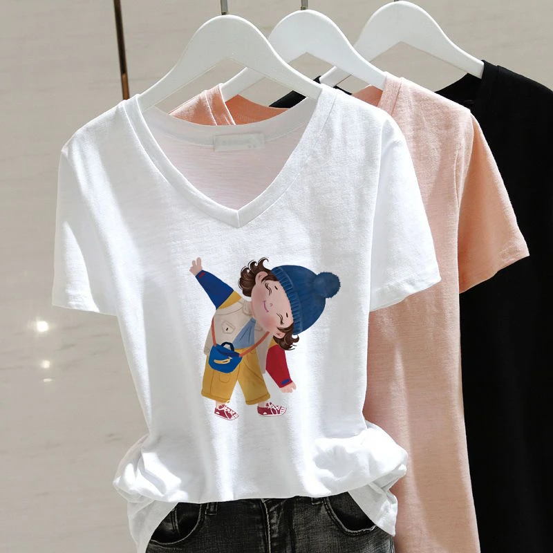 夏季韩版新款竹节棉短袖宽松显示白色纯棉V领t恤女洋气百搭上衣潮