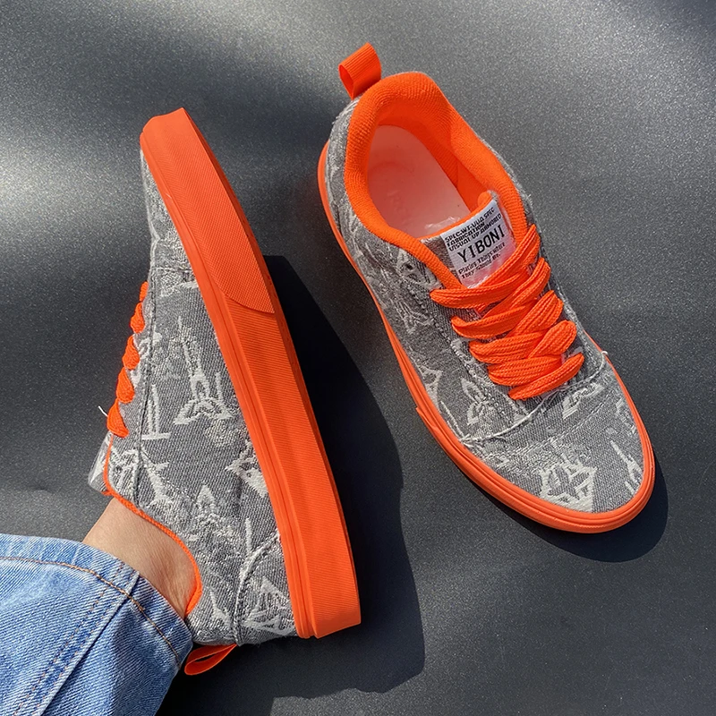 时尚透气潮鞋灰橙色防滑男鞋低帮韩版轻便鞋子情侣运动鞋板鞋秋季